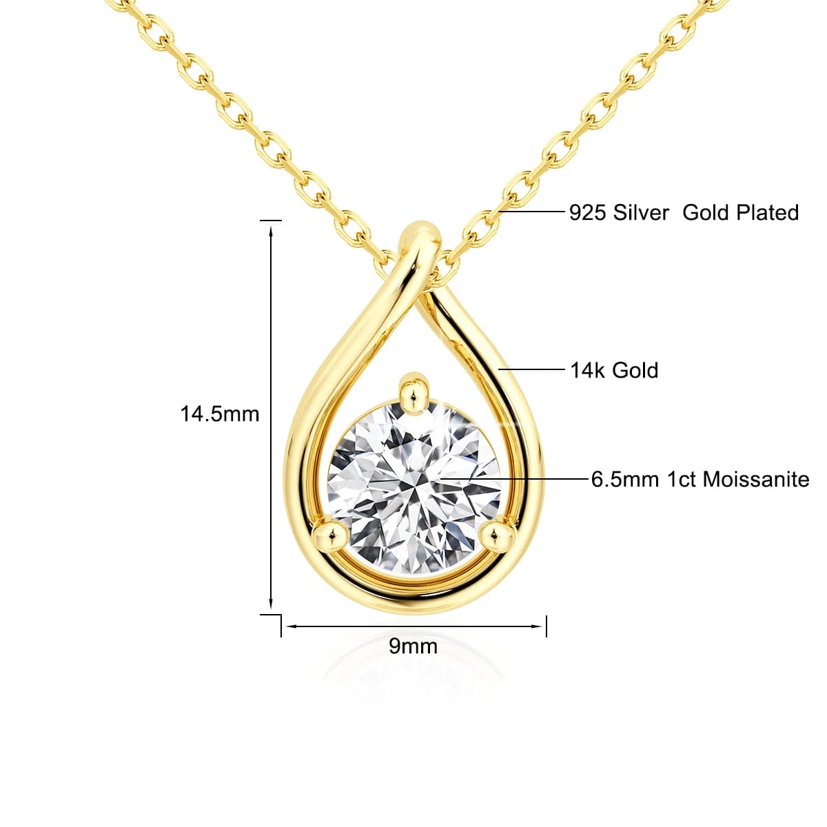 Collier en or 14 carats, chaîne, pendentif en moissanite diamant solitaire torsadé 1 carat, couleur 