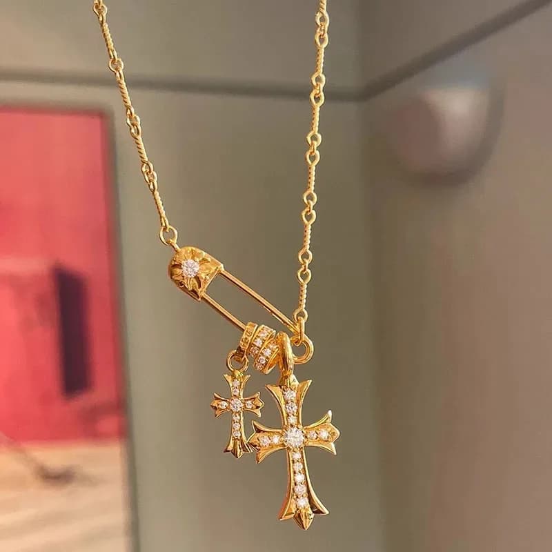 Collier avec pendentif Double croix pour femmes, diamants colorés, Vintage Hip Hop, chaîne de pull p