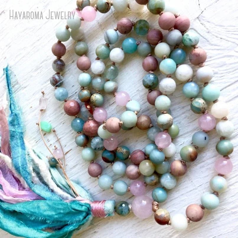 Collier pompon Mala, quartz rose, aigue-marine, opale africaine, injSari Throat Chakra, Boho Grunge,