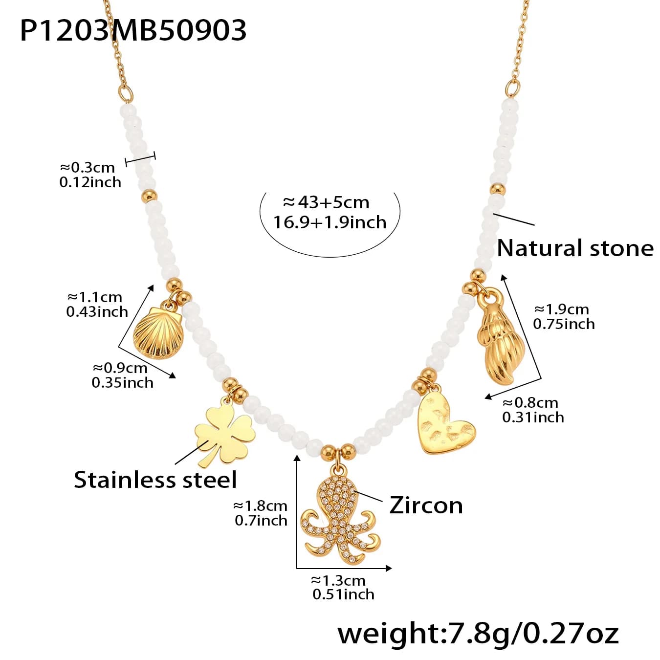 Collier de perles multicolores en acier inoxydable plaqué or 18 carats, chaîne à breloques, collier 
