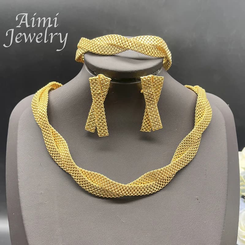 Ensemble de bijoux plaqués or pour femmes, collier ras du cou doré, boucles d'oreilles, Bracelet, bi