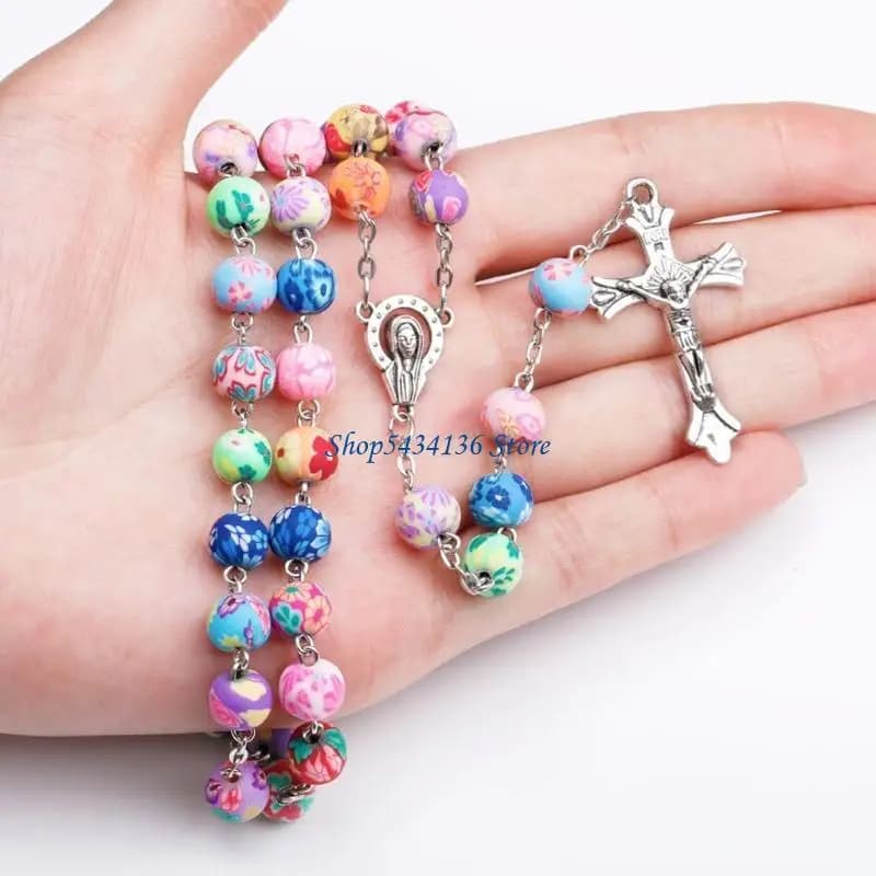 Collier Chapelet Religieux Catholique Chrétien avec Pendentif Croix Crucifix, Chaîne de Perles de Ch