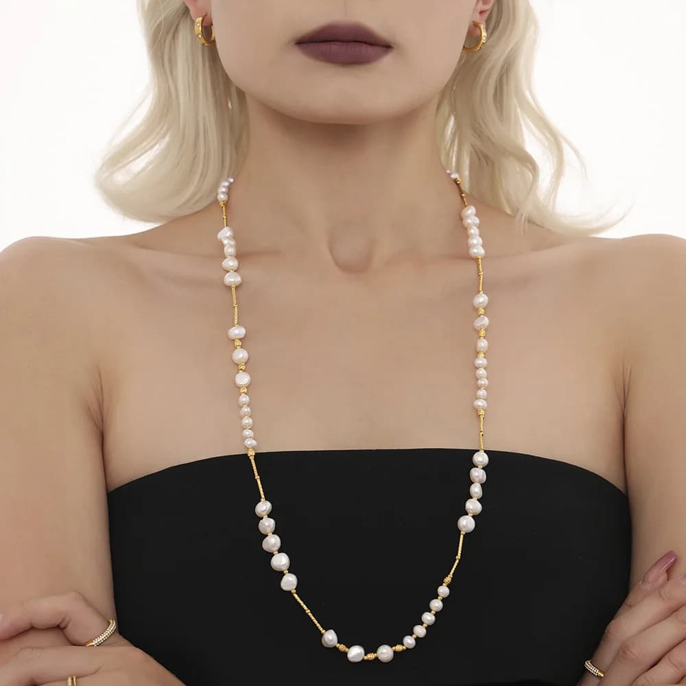 Collier de luxe en perles d'eau douce pour femme, chaîne longue en acier inoxydable, pendentif brelo