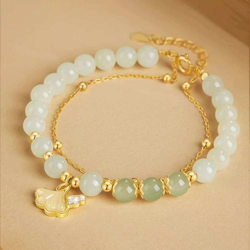 Hetian Jade Ginkgo Double couche Bracelet élégant luxueux bijoux faits à la main pour les femmes Pre