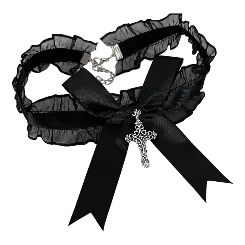 Collier ras du cou à volants en dentelle pour femme, nœud papillon mignon, croix, pendentif, collier