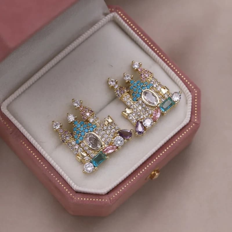 Boucles d'oreilles château en Zircon coloré plaqué or 14K, nouveau Design coréen, bijoux à la mode, 
