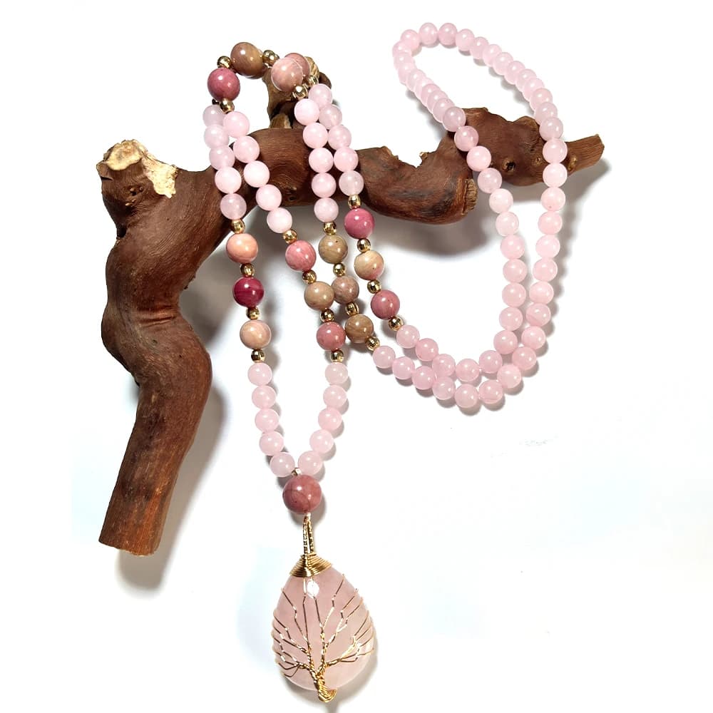 Collier de perles de quartz rose Rhodochrosite avec pendentif en quartz rose pour hommes et femmes