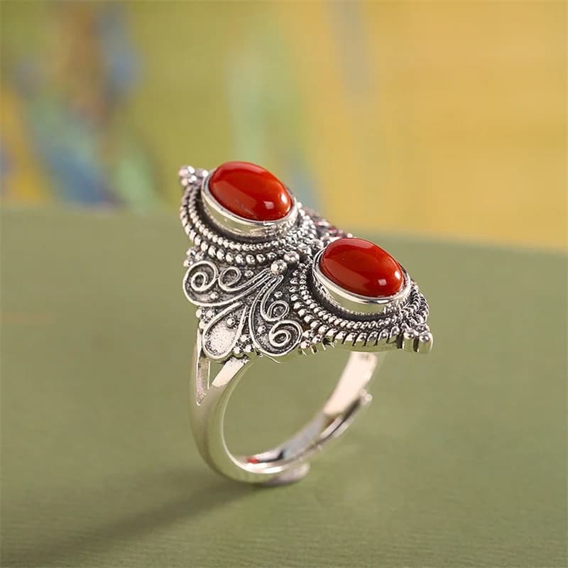 Bague ethnique en Jade rouge pour femmes, double perles ovales, bijoux rétro avec lignes en relief, 
