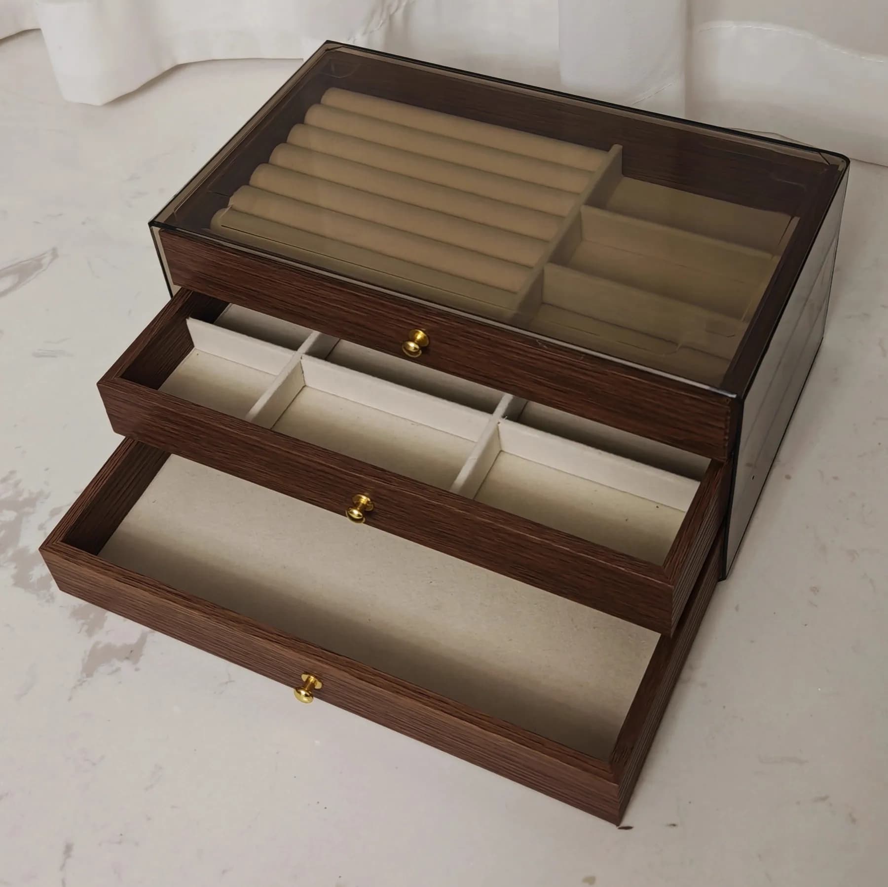 Nouvelle grande boîte à bijoux en bois à trois couches pour femmes, fenêtre transparente, bagues, co