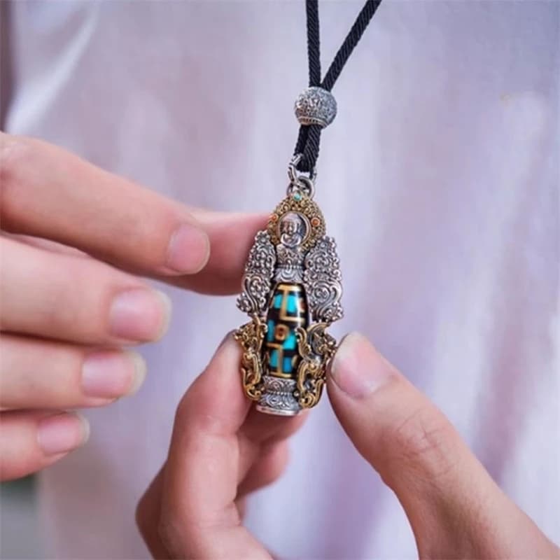 Collier amulette de bouddha Amitabha de style ethnique pour hommes, perle animale, pendentif rotatif