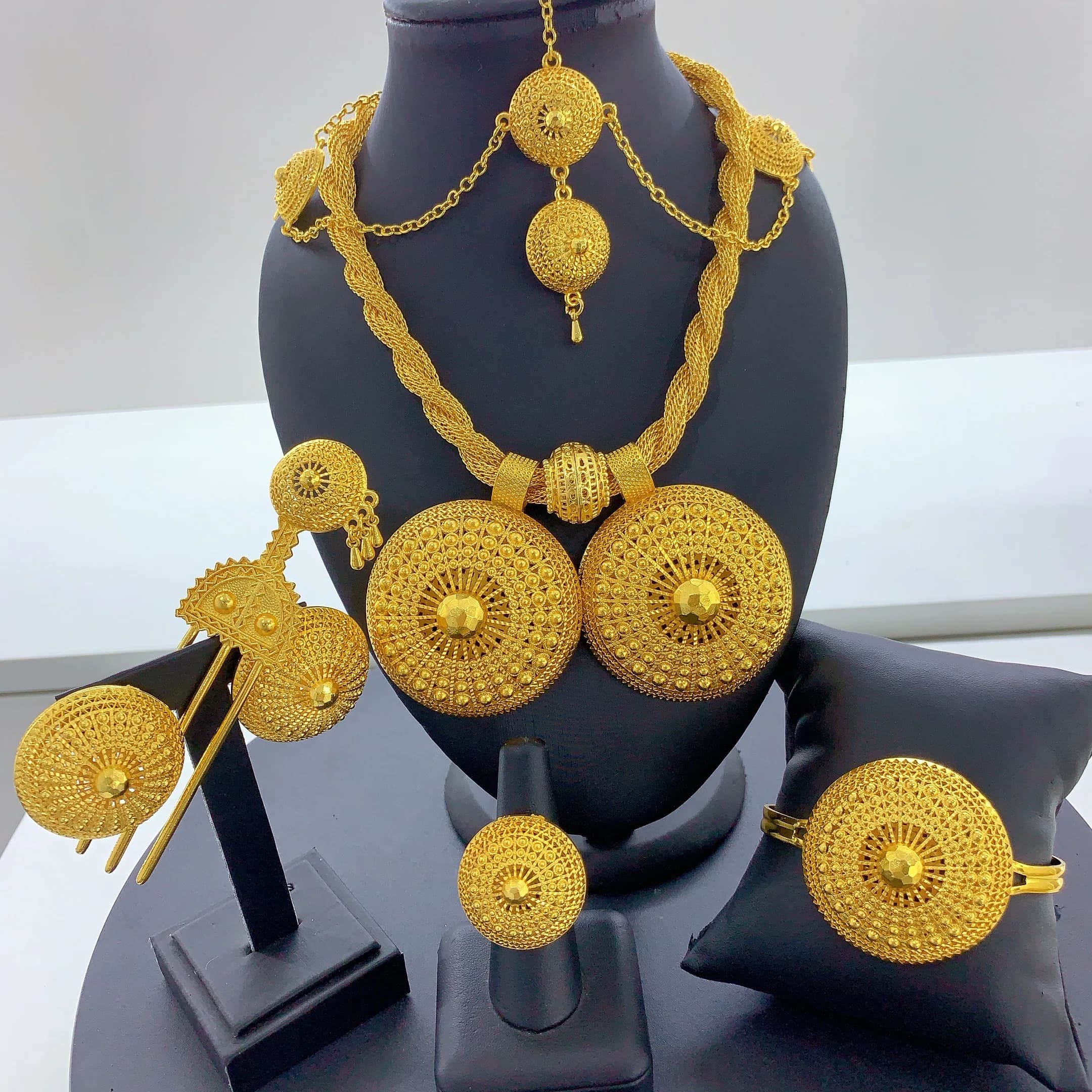 Ensembles de bijoux de mariée éthiopiens pour femmes, couleur or 24K, collier torsadé, boucles d'ore