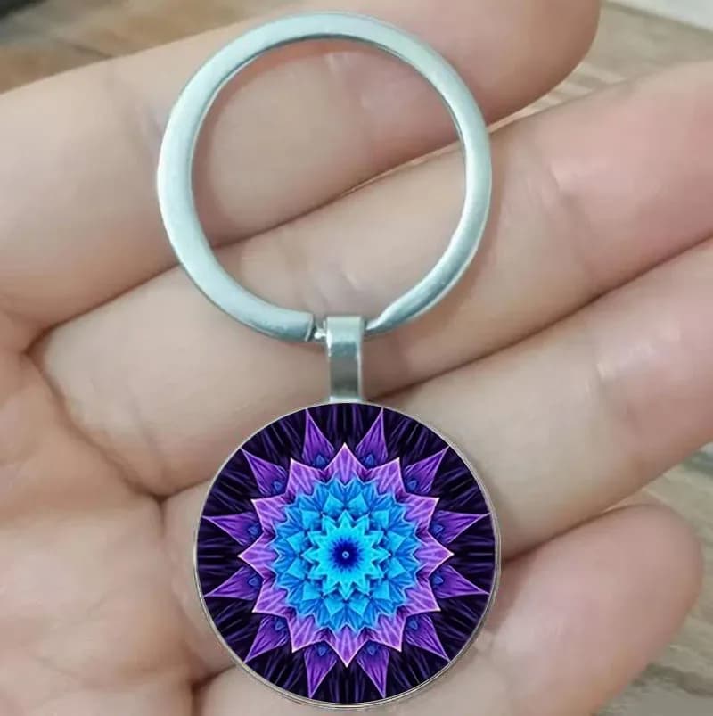 Pendentif rond en verre de fleur de mandala à la mode pour hommes, porte-clés, cadeau d'anniversaire