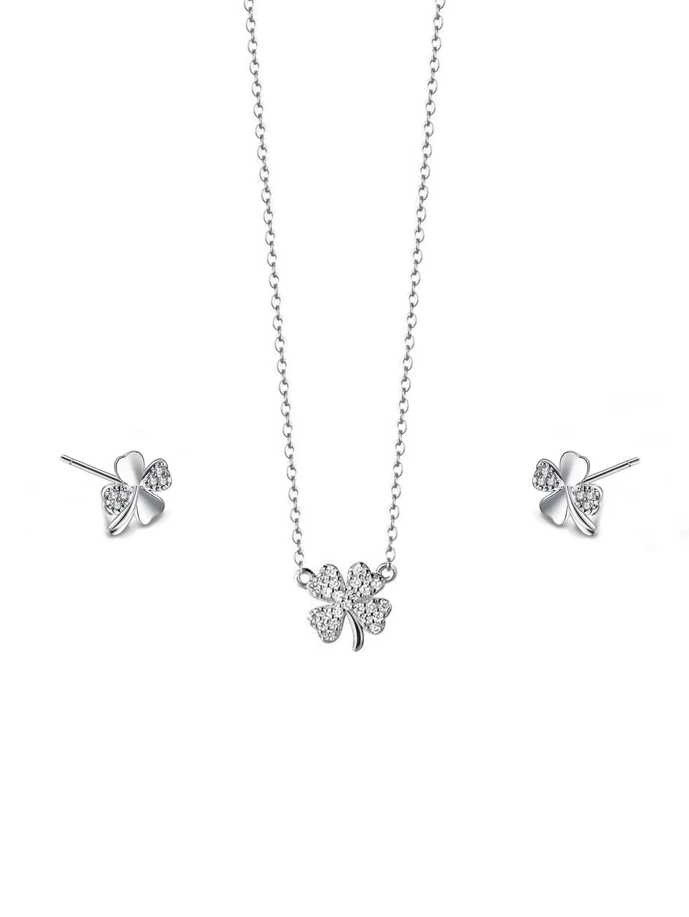 Ensemble de bijoux en argent sterling 925 avec trèfle à quatre feuilles et zircon |   Hypoallergéniq