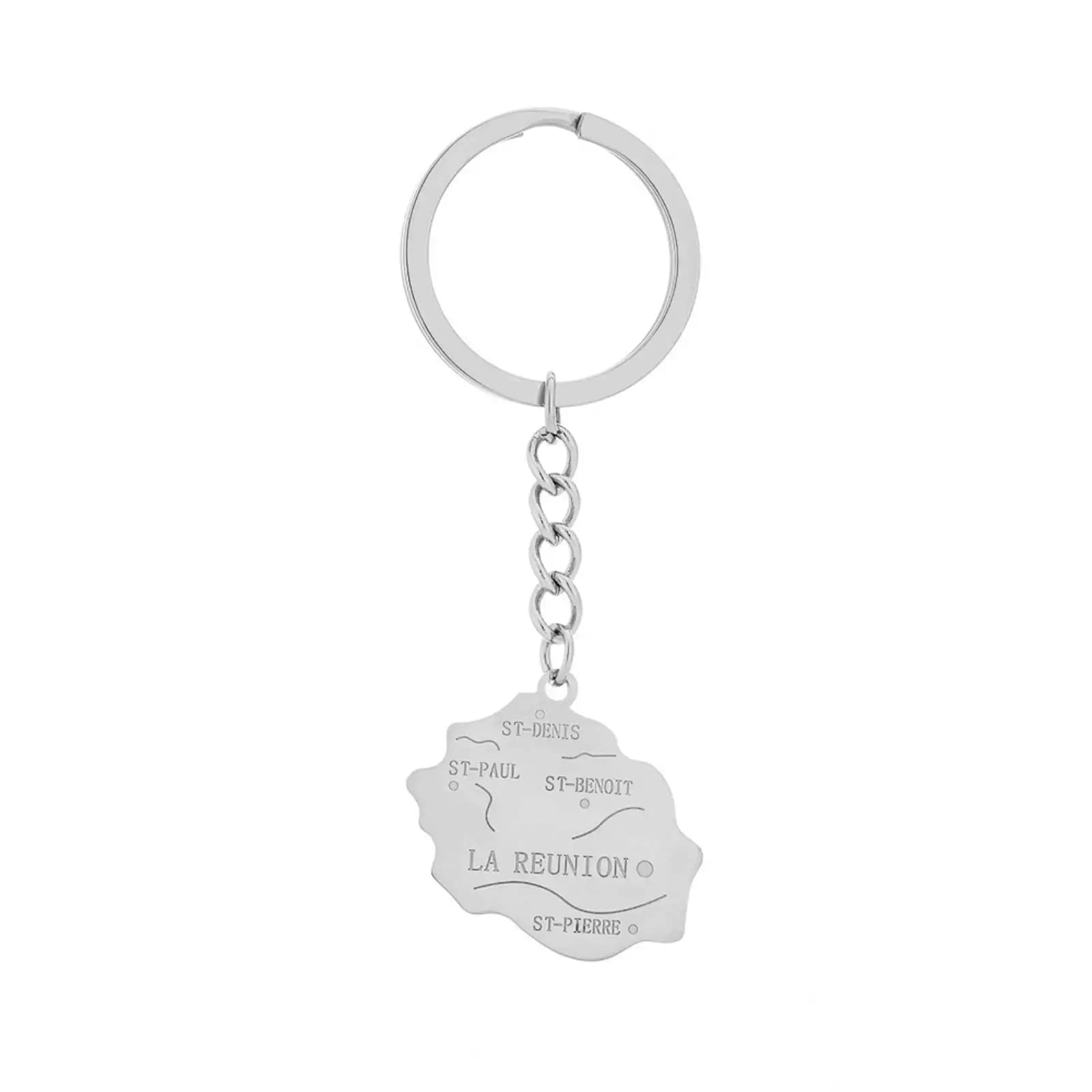 Porte-clés carte de l'île de la réunion française pour femmes et hommes, bijoux en acier inoxydable,