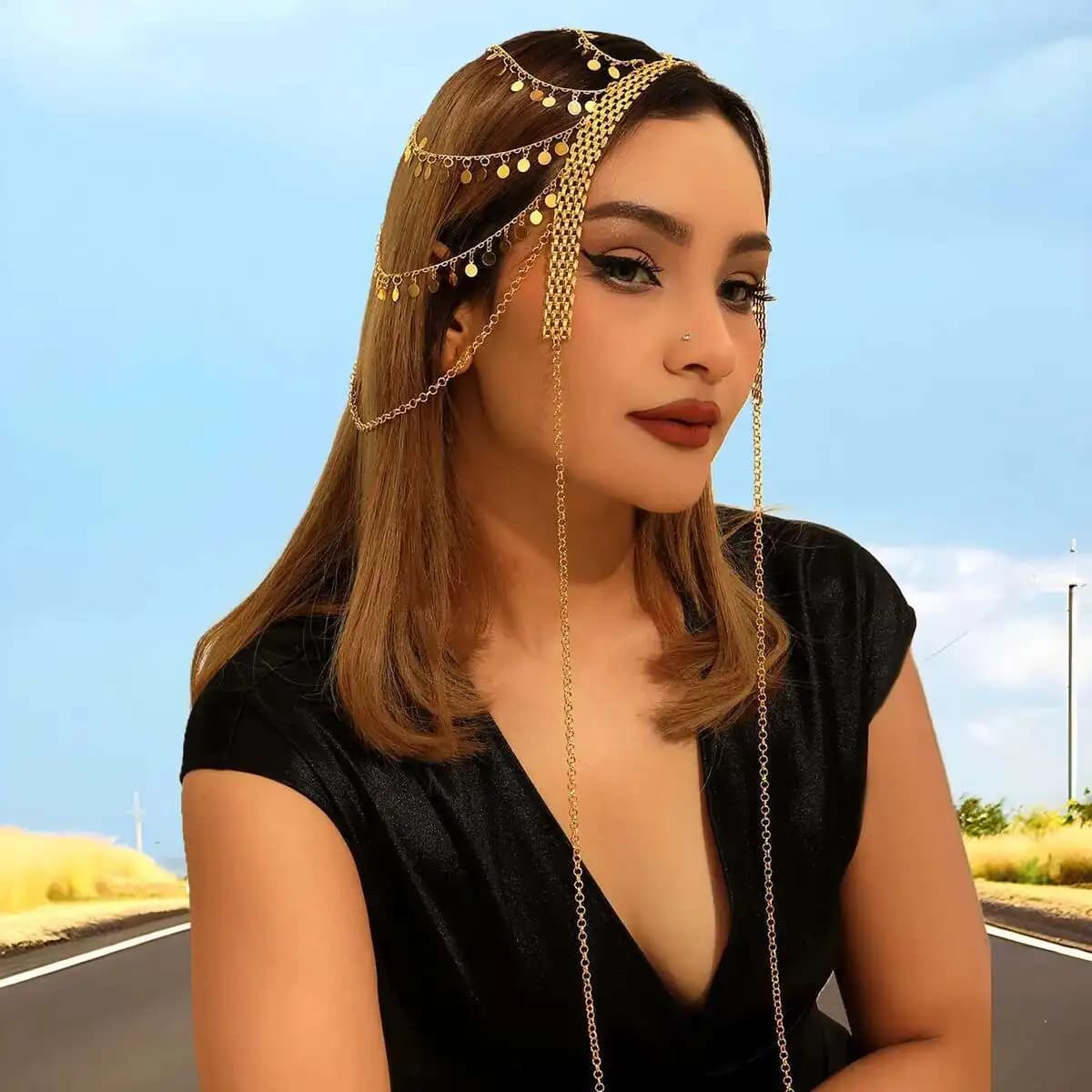 Chaîne de tête de mariée tendance style ethnique kurde, bijou égyptien doré avec pampilles à sequins
