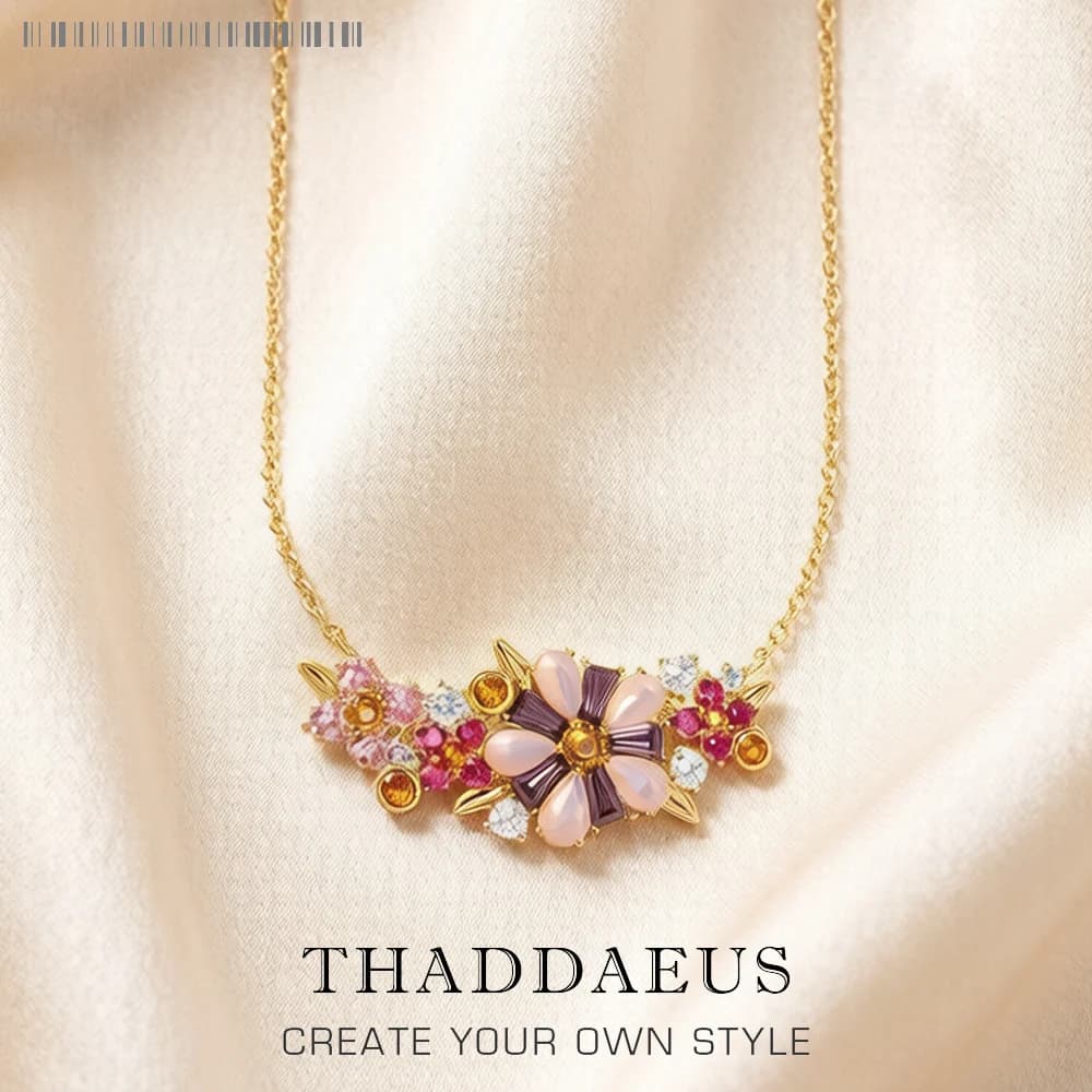Collier fleurs pierres colorées, flambant neuf, chaîne à maillons, bijoux fins européens en argent s