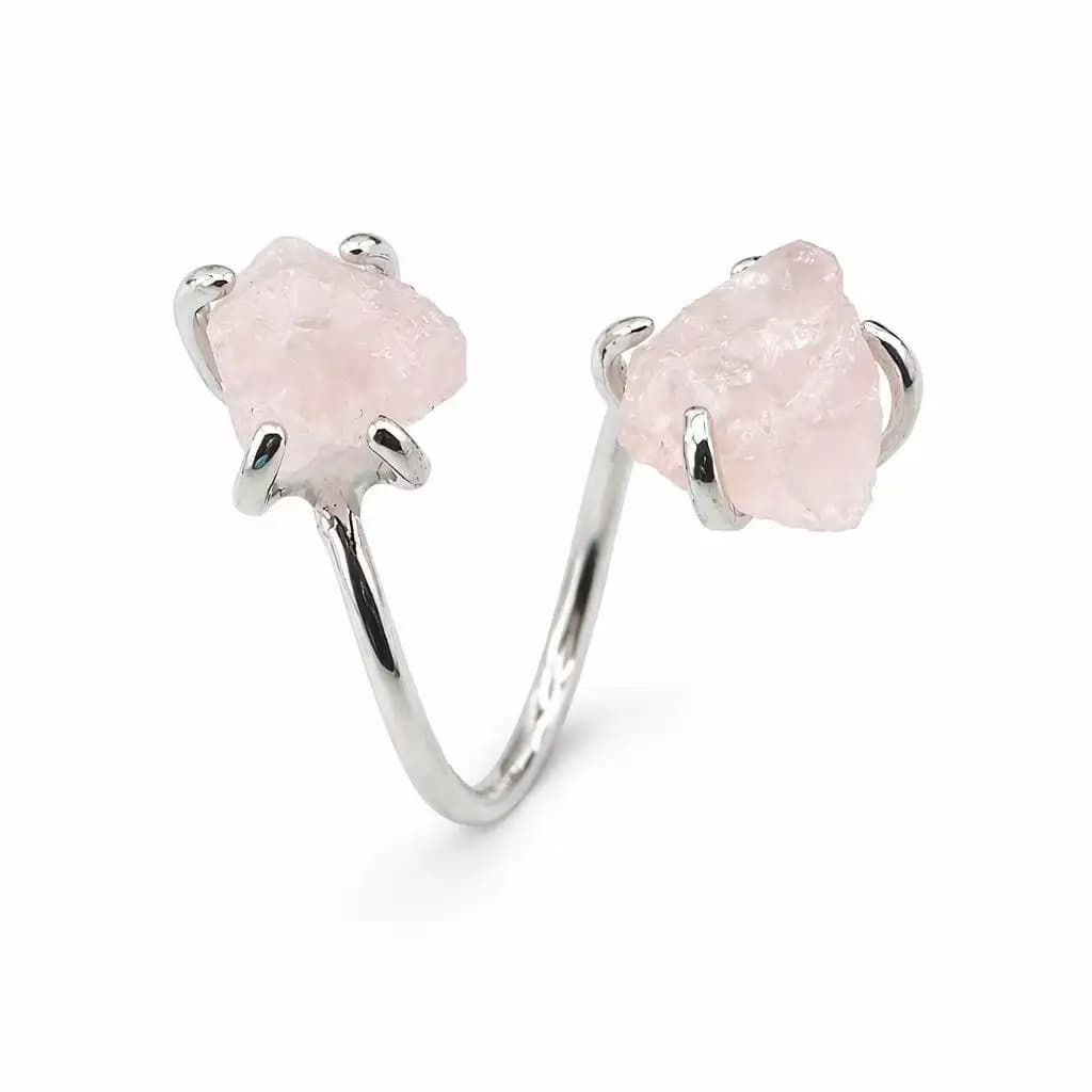 Bague ouverte ajustable en quartz rose brut irrégulier, couleur argent, double pierre naturelle, bij