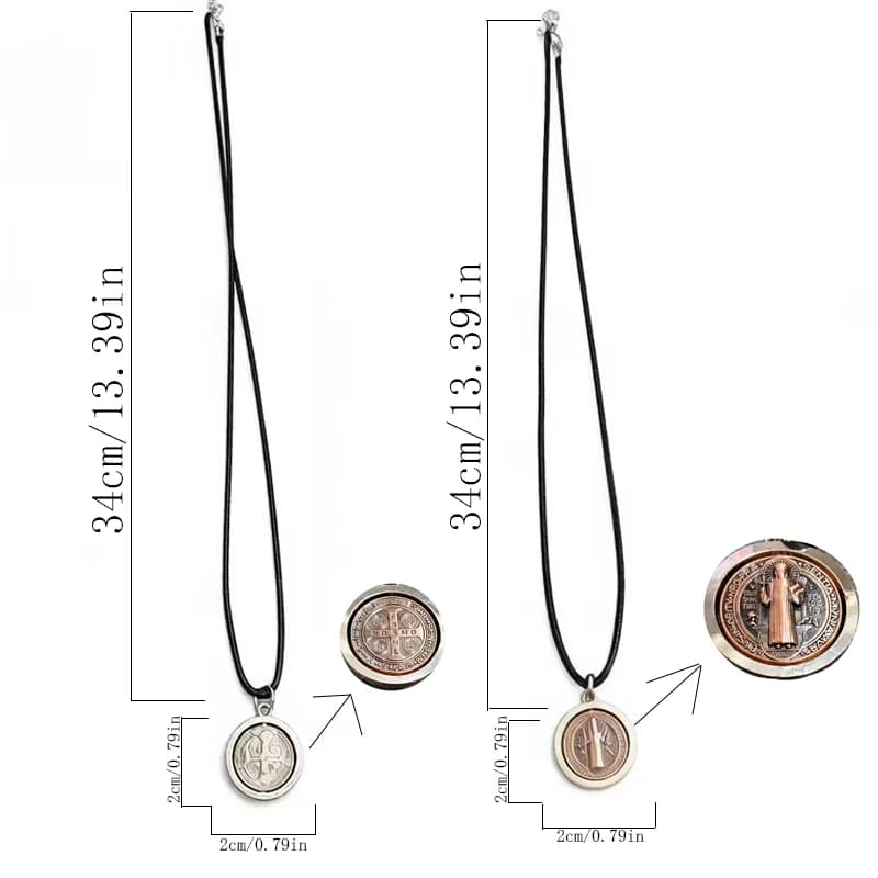 Pendentif médaille Saint Benoît vintage 2 cm double face, collier catholique avec cordon noir, cadea