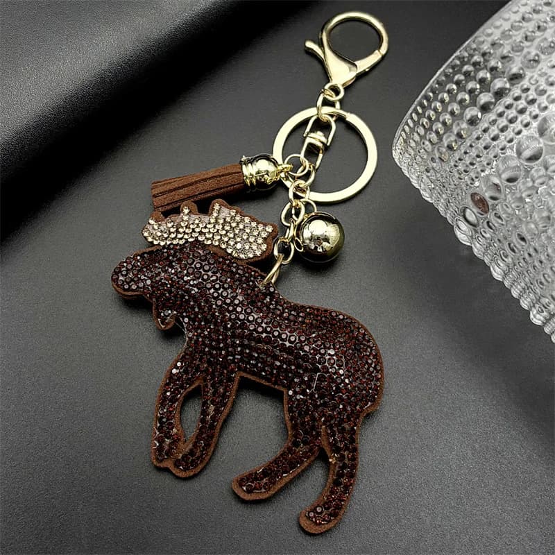 Porte-clés renne marron pour femmes et hommes, avec strass et pompon en cristal, breloque de sac, ac