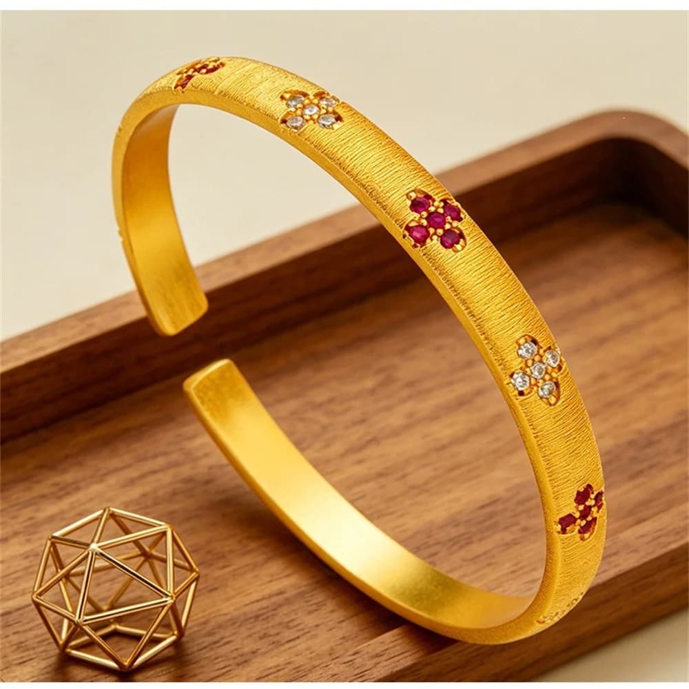 Bracelet manchette ouvert en or massif 24 carats AU999, unisexe, vintage, brossé, trèfle à quatre fe