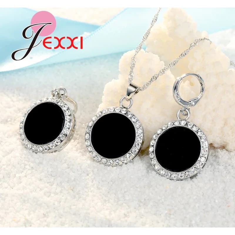 Ensemble de bijoux en argent Sterling 925, grand pendentif noir, Design, collier en cristal, boucles