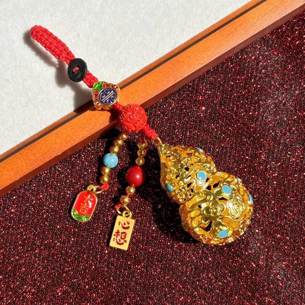 Porte-clés Gourde Style Chinois, Pendentif Creux Doré, Chaîne de Téléphone, Décoration de Sac, Brelo