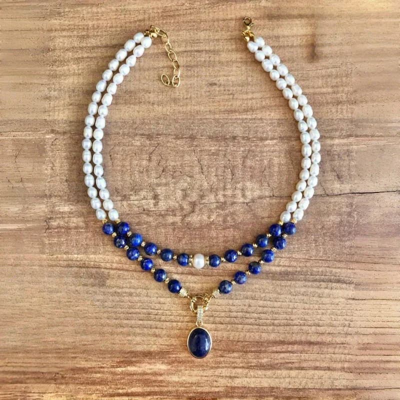 Collier double couche en Lapis Lazuli naturel avec perles mélangées, chaîne de clavicule bleu Klein,