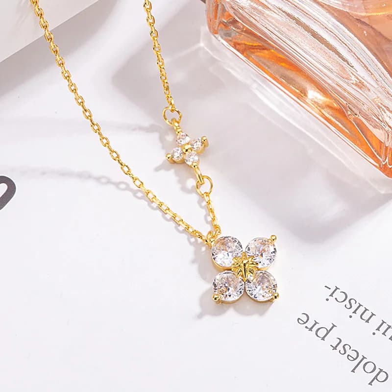 Collier porte-bonheur en argent Sterling 925 pour femmes, feuille CZ, plaqué or 14 carats, fleurs, p