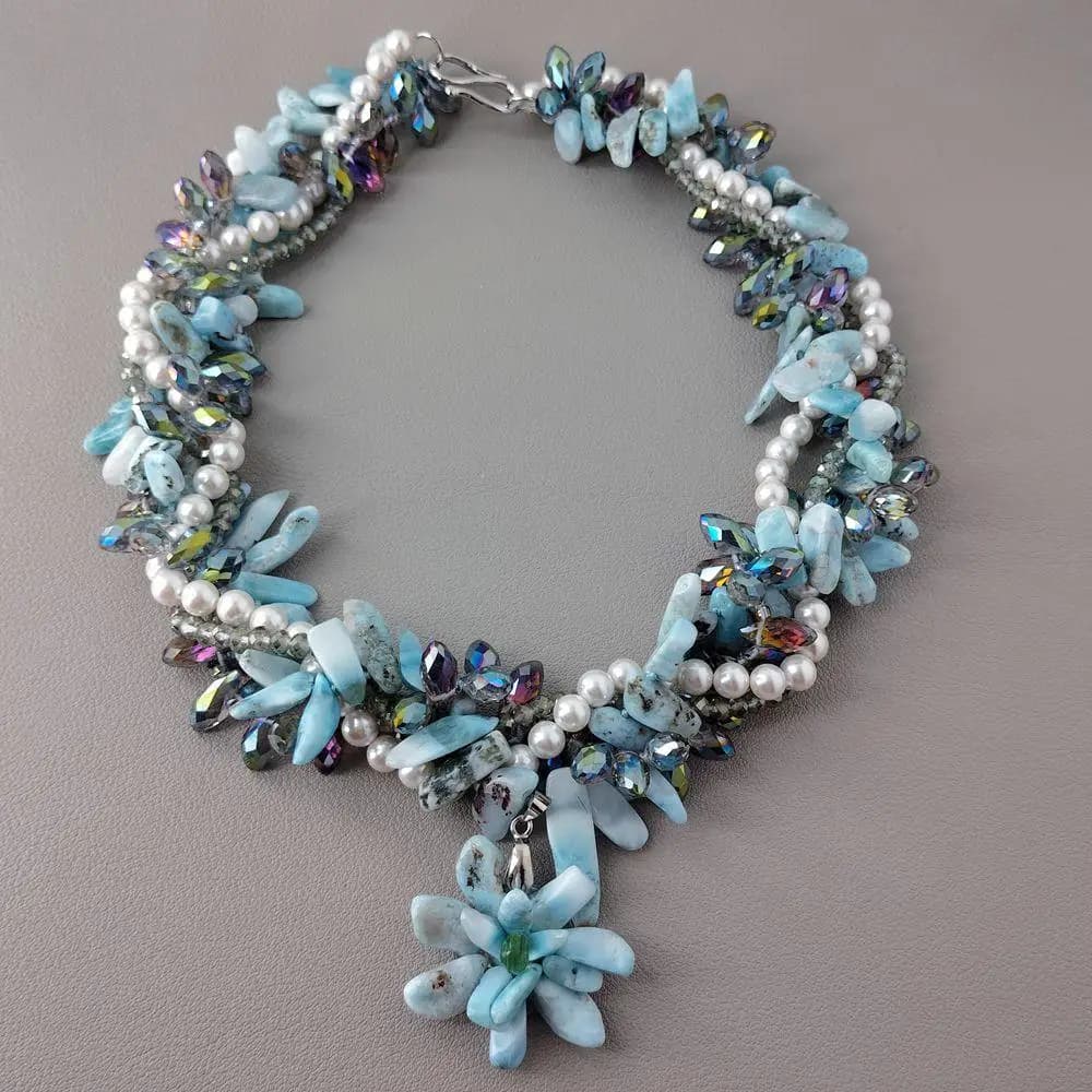 KKGEM 4 brins 9x16mm Larimar 6mm coquille de mer blanche cristal Torsade collier élégant déclaration