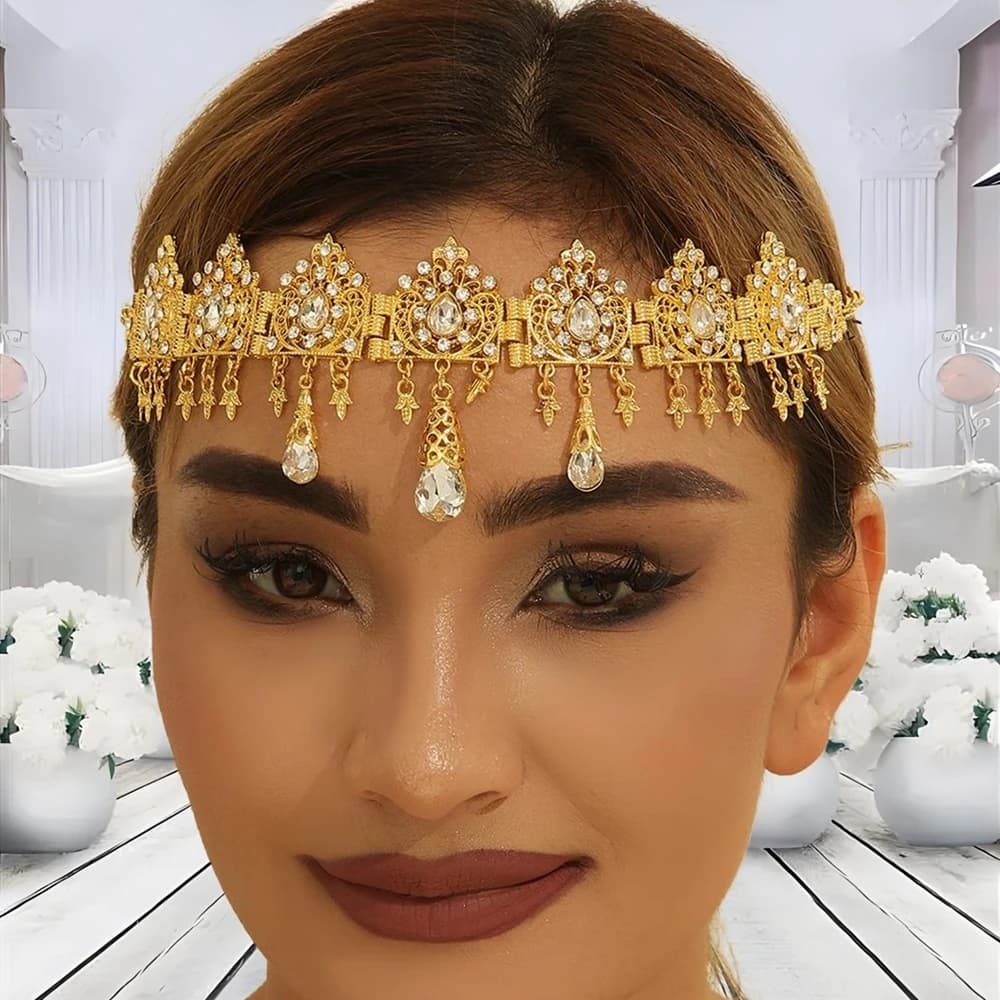 Bijoux de Tête de Mariée Arabe en Alliage d'Or, Creux, Sculpté, Strass, Clip, exacttelette d'Eau, Po