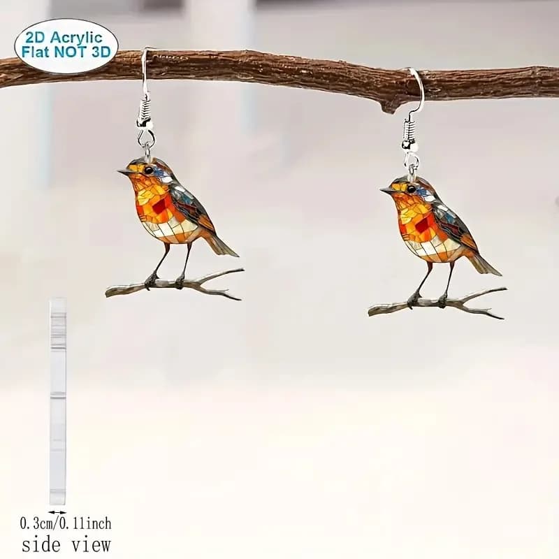 Boucles d'oreilles plates en acrylique 2D, créatives et mignonnes, Robin oiseau sur branche, Design 