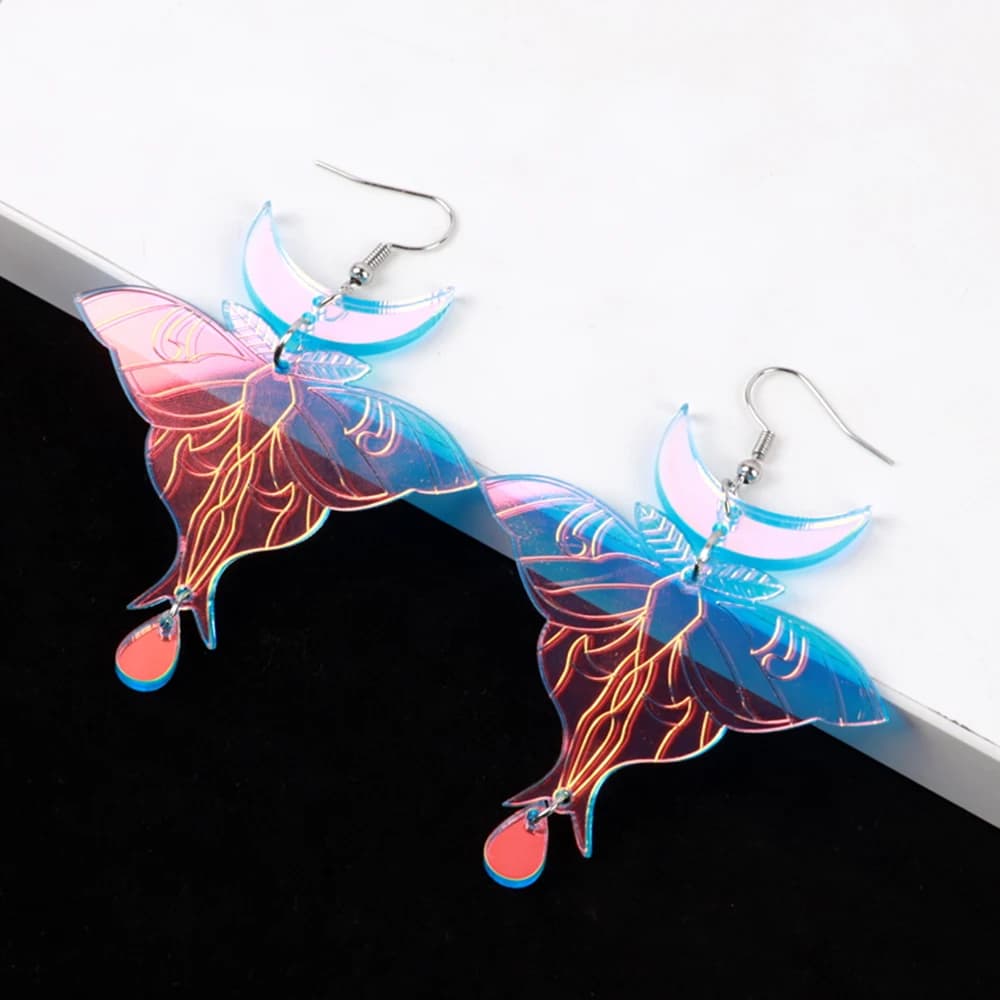 Boucles d'oreilles en acrylique Laser Luna Moth irisé pour femmes, mignon papillon, goutte d'eau, bi