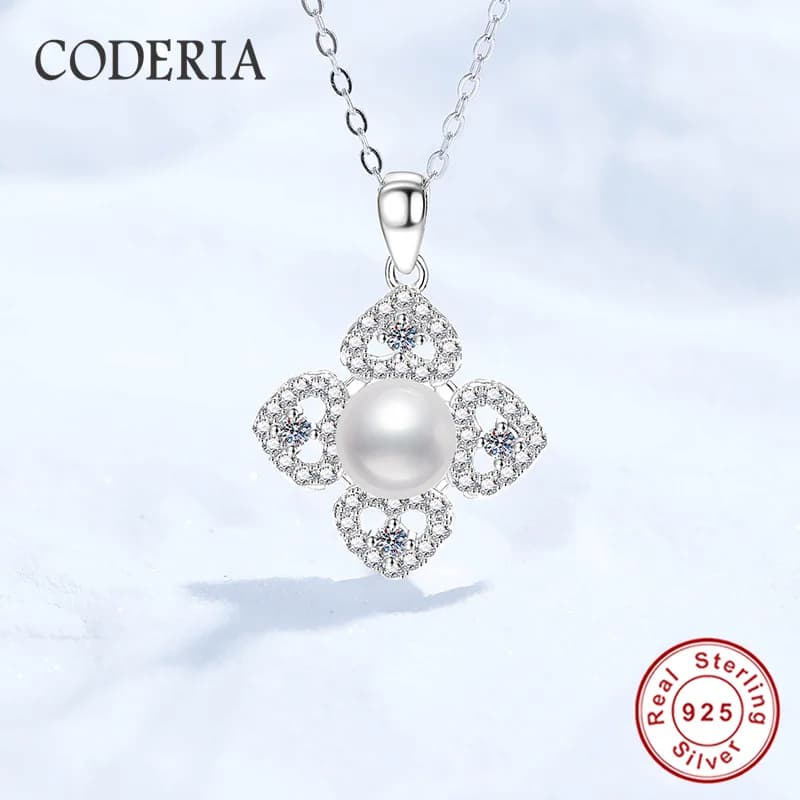 Pendentif en perles naturelles 100% argent Sterling 925, collier Moissanite, camélia, trèfle à quatr
