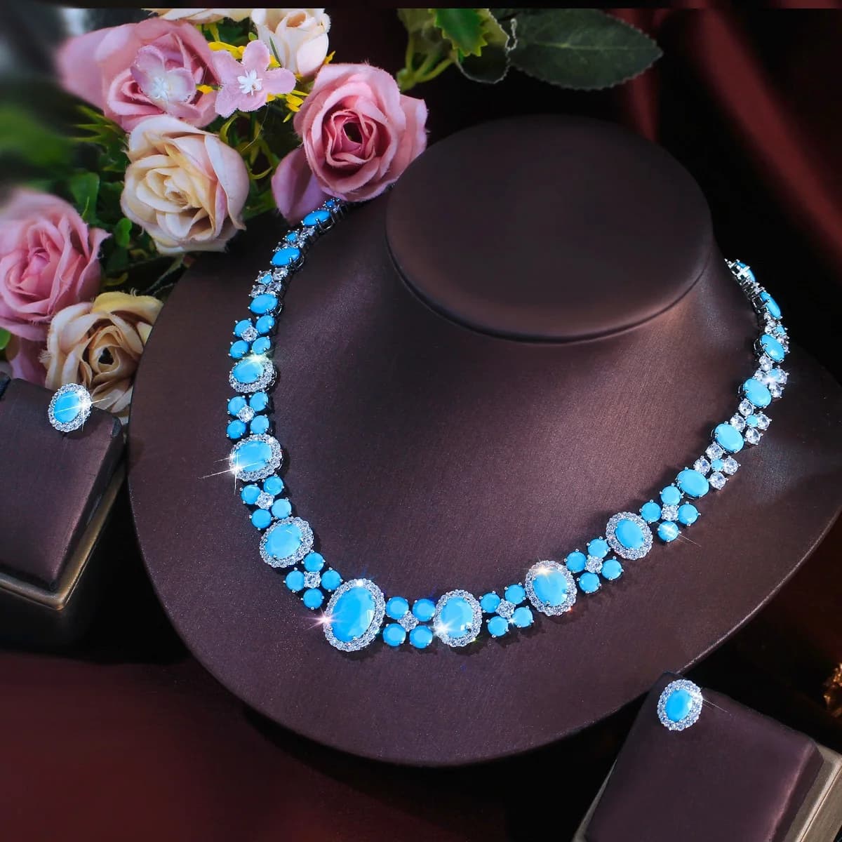 Magnifique collier et boucles d'oreilles de mariée en turquoise ovale bleu clair brillant, ensemble 