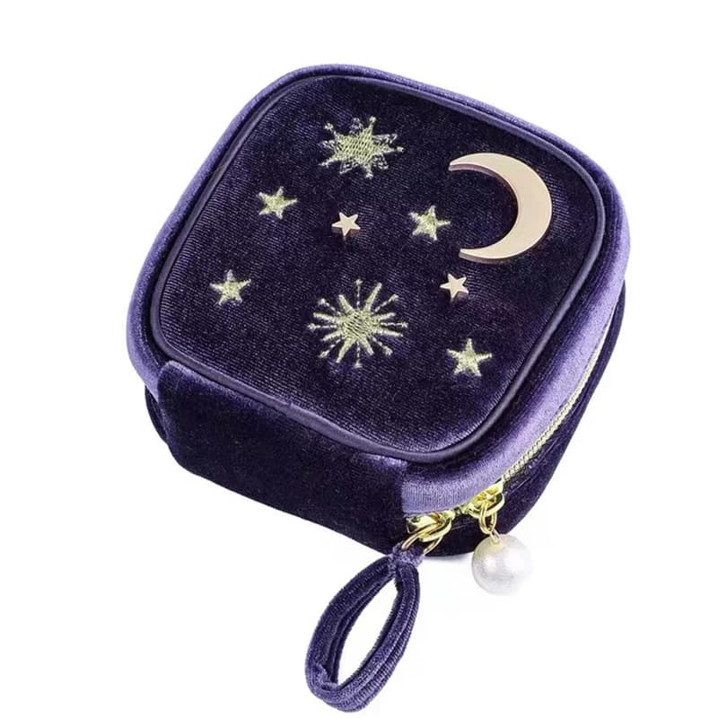 Boîte à Bijoux en Velours Bleu avec Petite Fermeture Éclair, Étui de Transport pour Collier, Boucle 