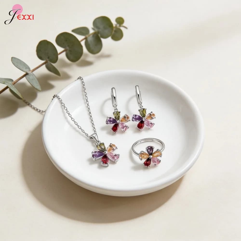 Parure de bijoux en argent sterling 925 véritable, motif floral coloré, avec pendentif fleur multi-p