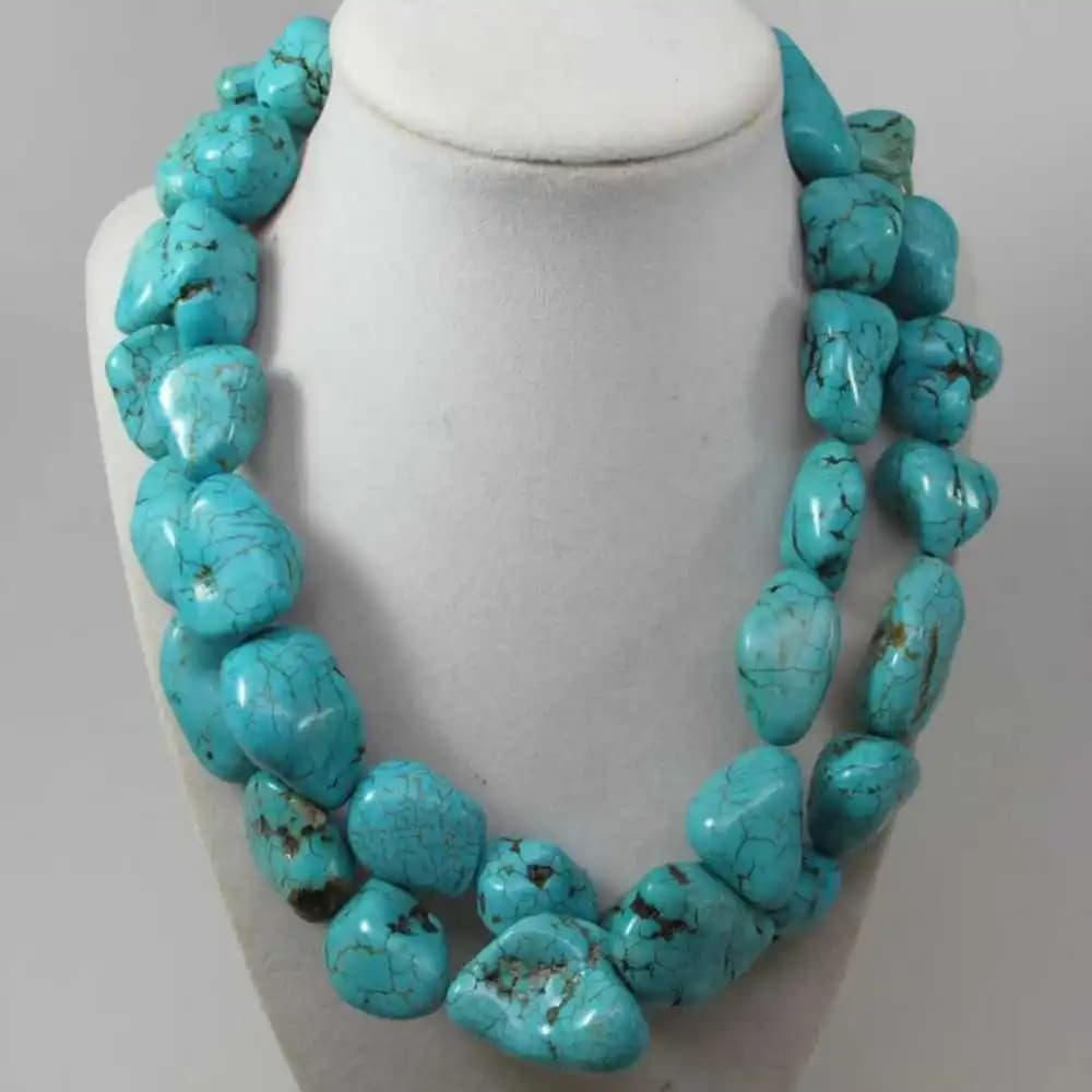 Collier à Double rangée de pierres turquoises naturelles, 18 pouces, breloque, nouveau, mode, coeur 