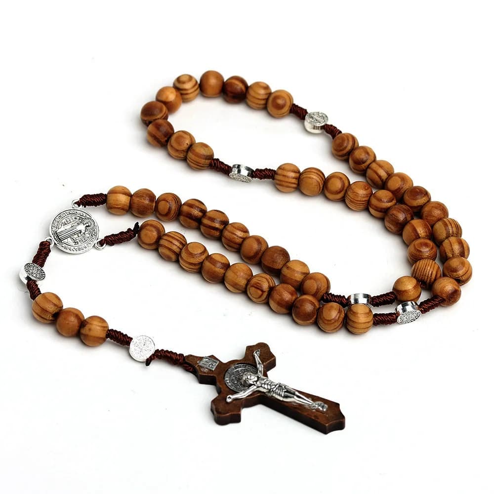 Chapelet en perles de bois de 10MM, collier croix pour femmes et hommes, pendentif chrétien vierge m