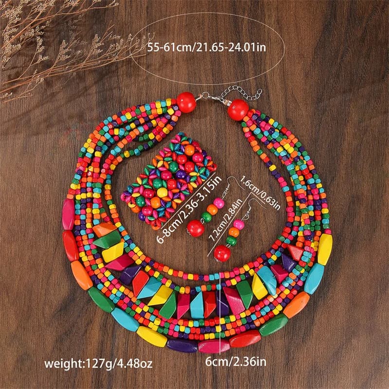 Boho multicouche grand ensemble de bijoux en bois coloré géométrie collier boucles d'oreilles ensemb