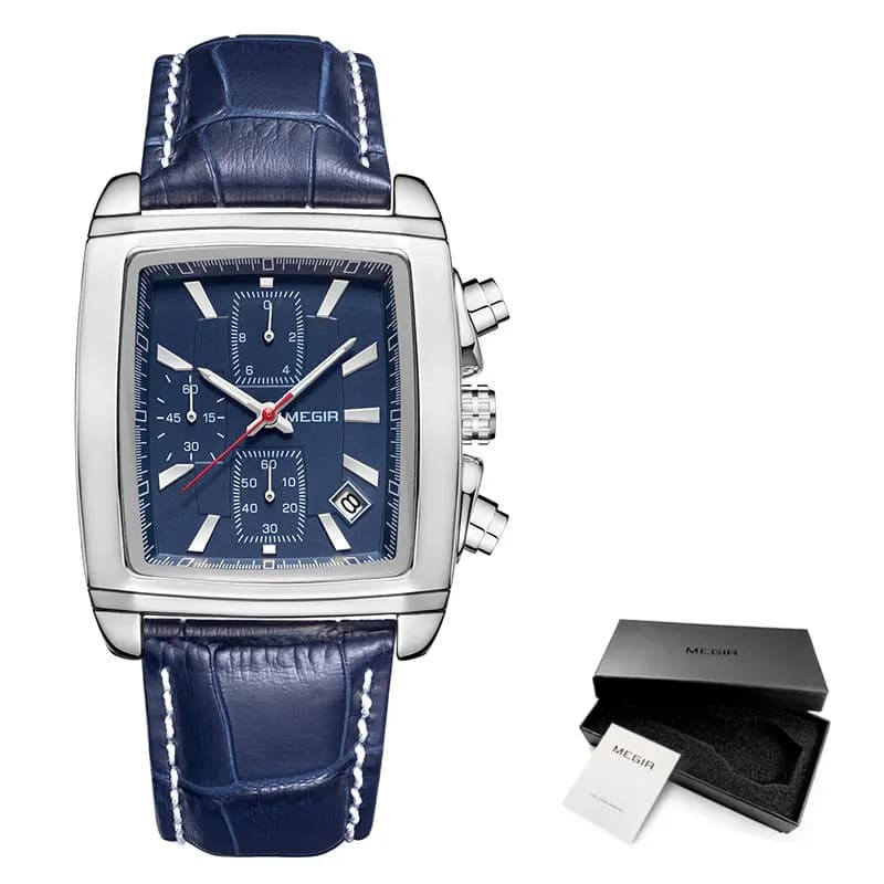 Megir-Montre à cadran rectangulaire avec bracelet en cuir pour homme, montre-bracelet chronographe à