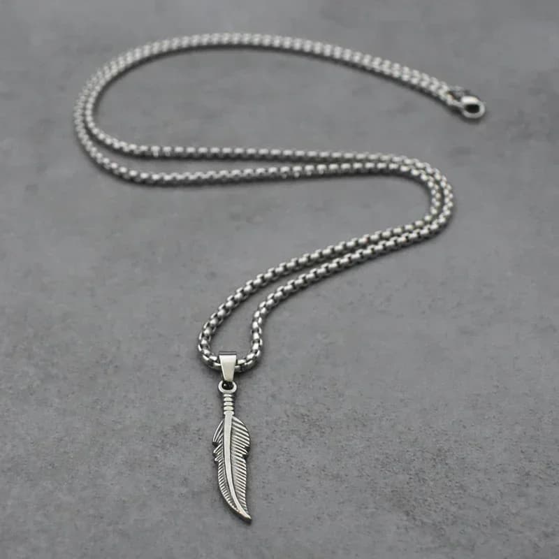 Collier pendentif plume classique en acier inoxydable couleur argent Boho feuille colliers chaîne bi