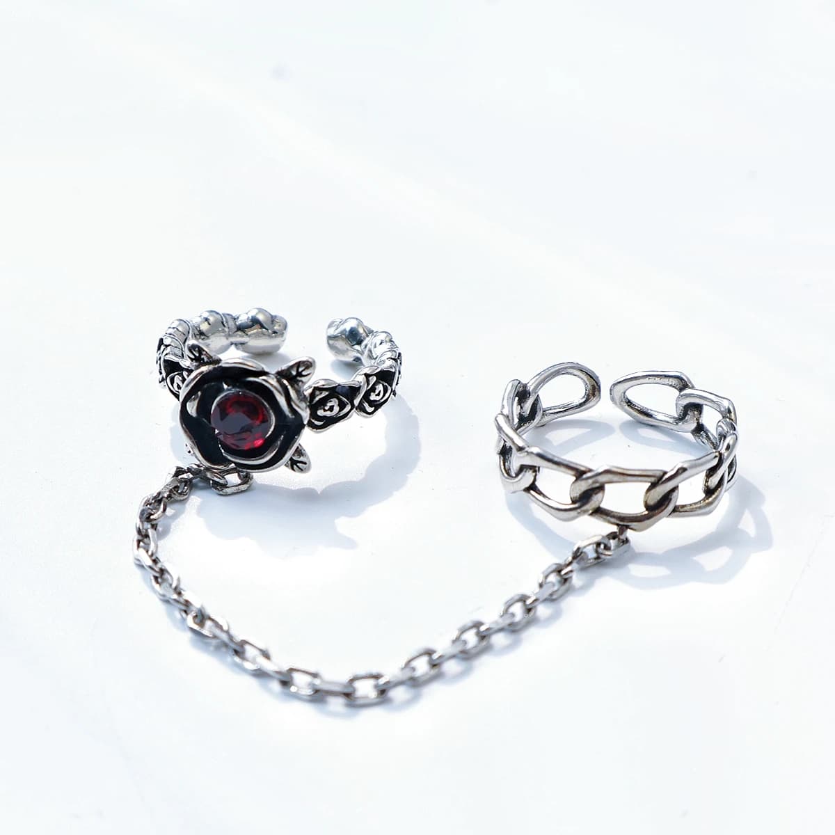 LENNIK "Rose&Chian" Bague ouverte réglable en zircon rouge S925, bijoux gothiques punk audacieux pou