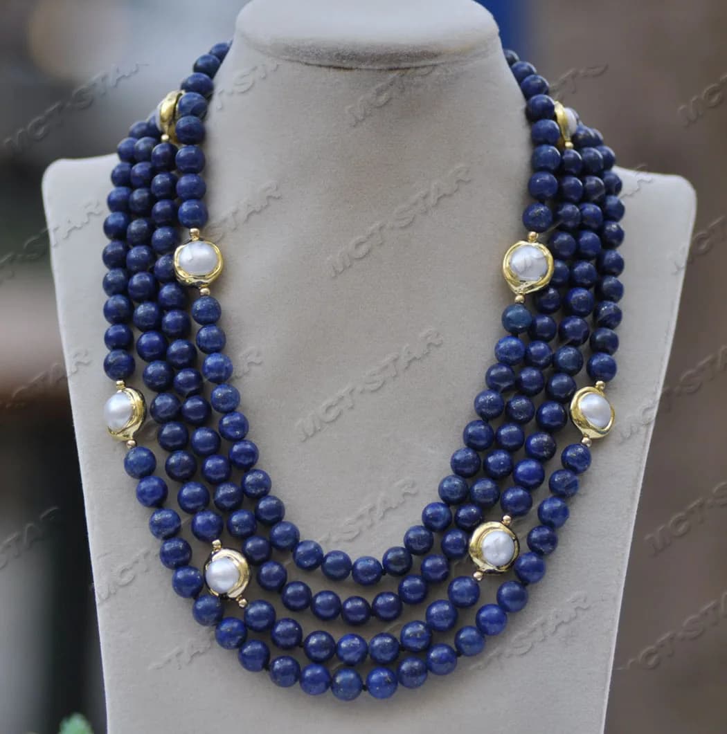 Collier Lapis Lazuli Perle Blanche, 4 Nucleo20 ", 14mm, Z11667