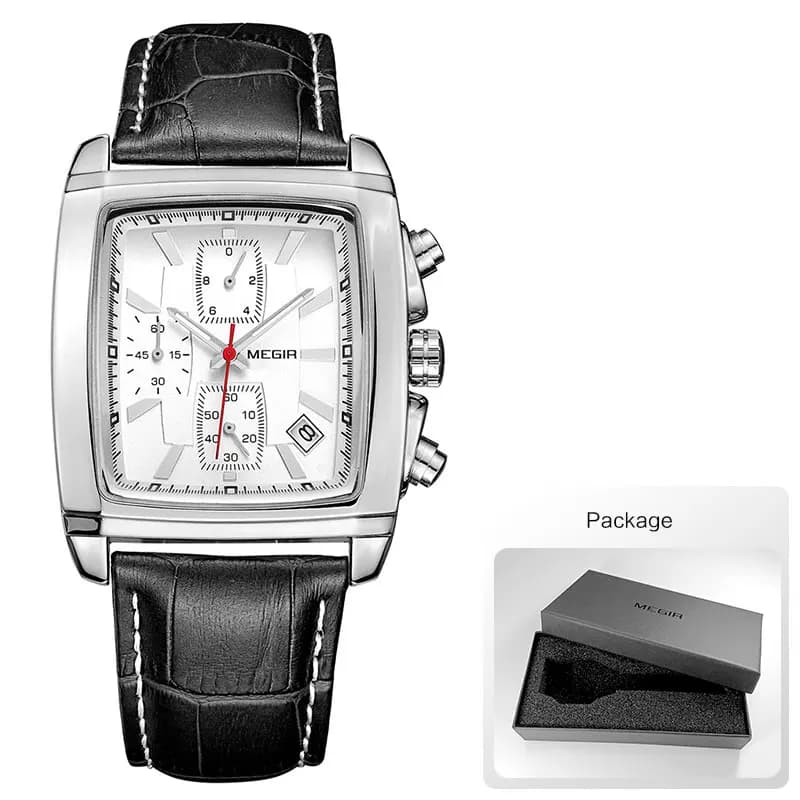 Megir cadran rectangulaire bracelet en cuir Montre pour hommes décontracté bleu chronographe montres