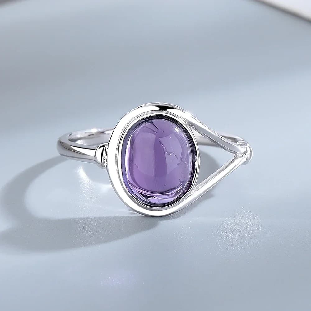 Bague en argent plaqué avec pierre d'améthyste, motif sculpté vintage, pierre ovale violette, bijoux