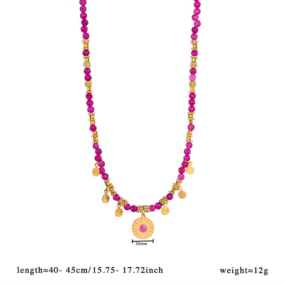 Collier classique en perles de pierre naturelle couleur rubis avec pendentif en acier inoxydable pou