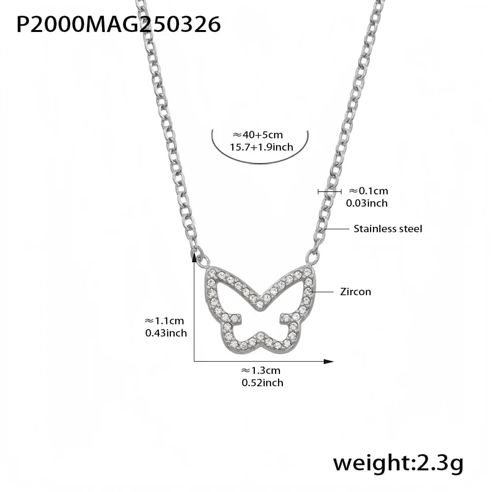 Collier papillon pour femme avec zircon incrusté, chaîne en O, plaqué or, acier inoxydable, perle, b