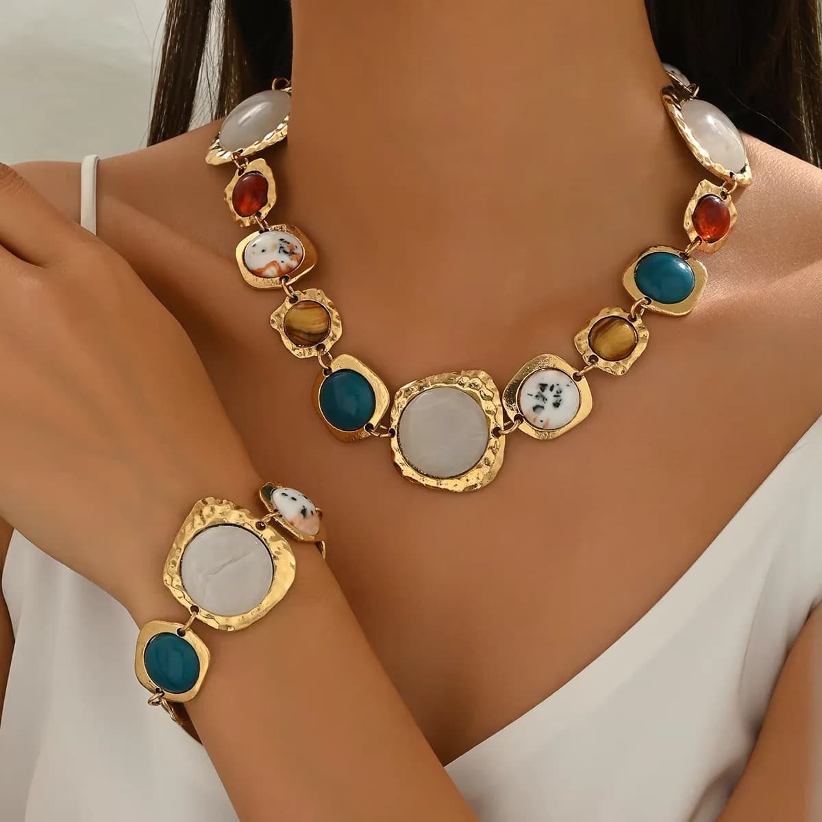 Ensemble de bijoux Vintage bohémien, multicolore, géométrique irrégulière, épais, exagéré, colliers 