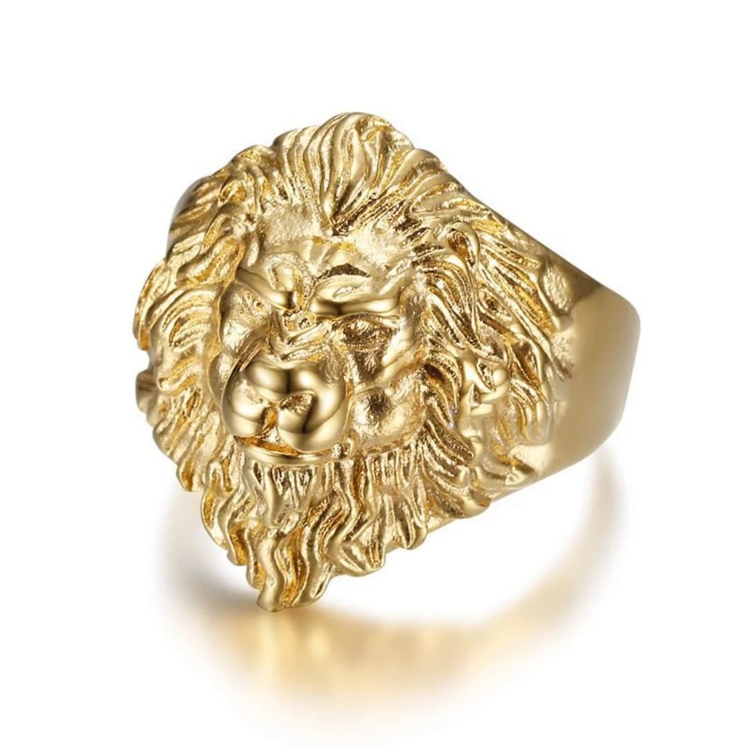 Bague Tête de Lion pour Homme 26mm, en Acier Inoxydable Titane Couleur Or Massif, Grandes Bagues Ani