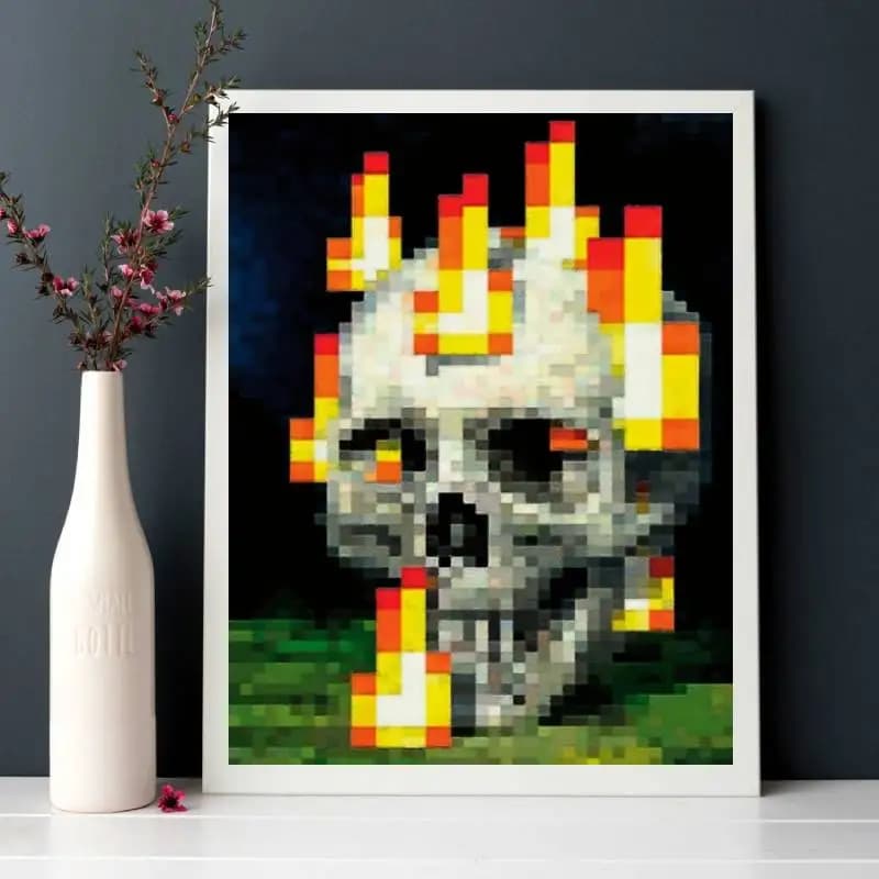 Affiche en toile de crâne et de flammes de pixels vibrants, 1 pièce, impression artistique sans cadr